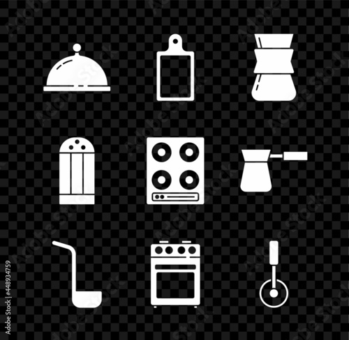 Set Covered with tray of food, Cutting board, Coffee turk, Kitchen ladle, Oven, Pizza knife, Salt and Gas stove icon. Vector