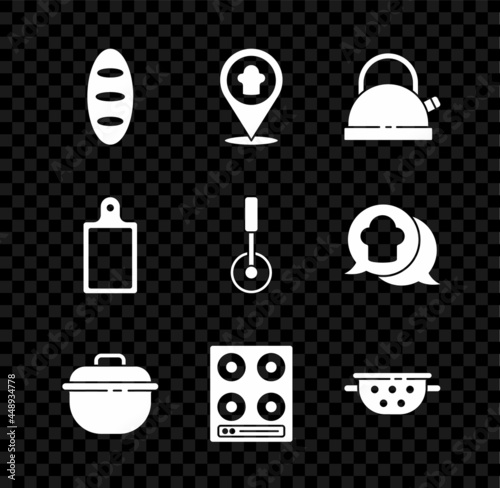 Set Bread loaf, Chef hat with location, Kettle handle, Cooking pot, Gas stove, Kitchen colander, Cutting board and Pizza knife icon. Vector