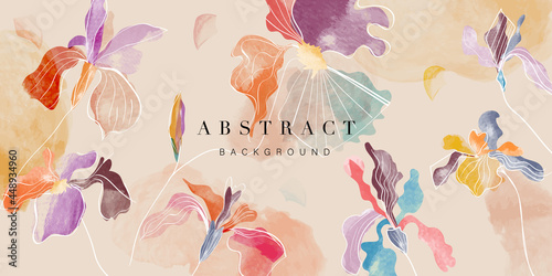 Watercolor art background vector. Wallpaper design with flower paint brush line art. Earth tone blue, pink, ivory, beige watercolor Illustration for prints, wall art, cover and invitation.