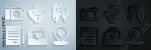 Set Envelope with Valentine heart, Suit, Marriage contract, Location, Necklace mannequin and Photo camera icon. Vector