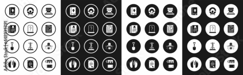 Set Coffin, Grave with tombstone, Death certificate, Holy bible book, Obituaries, Memorial wreath, coffin and Shovel icon. Vector