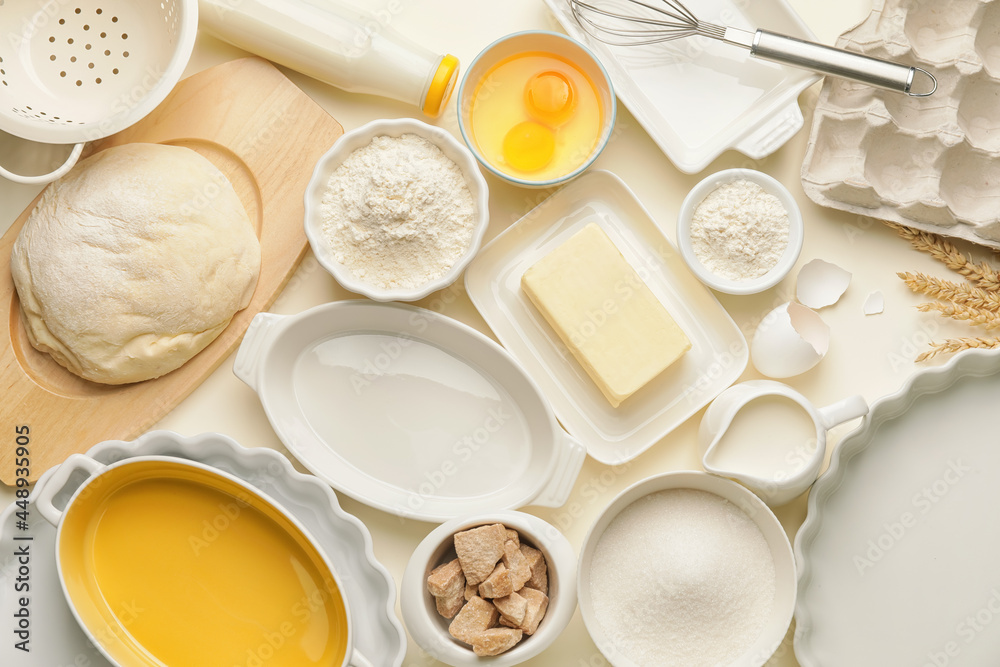 Ingredients for preparing bakery on light background Ingredients for preparing bakery on light background