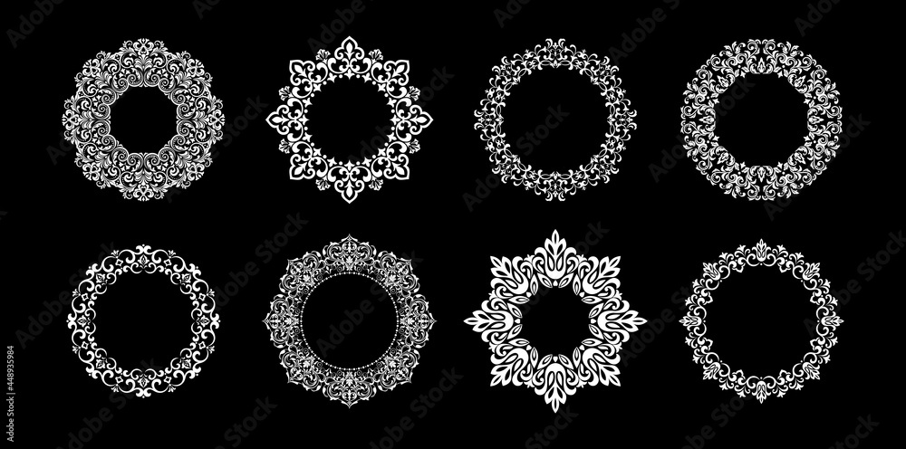 Set of decorative frames Elegant vector element for design in Eastern style, place for text. Floral black and white borders. Lace illustration for invitations and greeting cards. Set of decorative frames Elegant vector element for design in Eastern style, place for text. Floral black and white borders. Lace illustration for invitations and greeting cards.