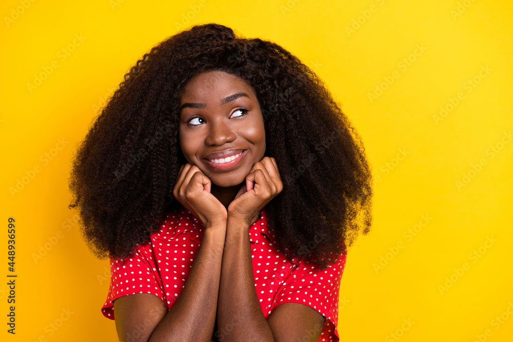 Photo of nice optimistic brunette lady hands cheeks look empty space wear red top isolated on vivid yellow color backgound Photo of nice optimistic brunette lady hands cheeks look empty space wear red top isolated on vivid yellow color backgound