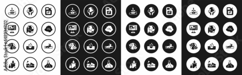Set Bio fuel canister, Global warming, Television report, Wind turbine, CO2 emissions cloud, Hands holding Earth globe, Wrecked oil tanker ship and fire icon. Vector