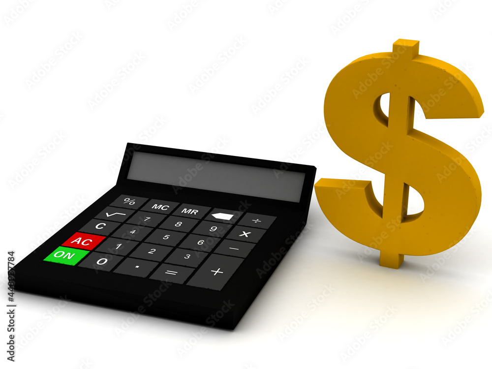 Dollar sign currency wih calculator . 3D rendering illustration Dollar sign currency wih calculator . 3D rendering illustration