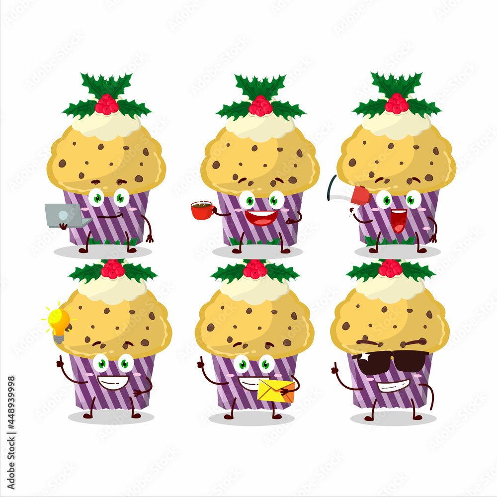 Fototapeta premium Cupcake with holly berry cartoon character with various types of business emoticons