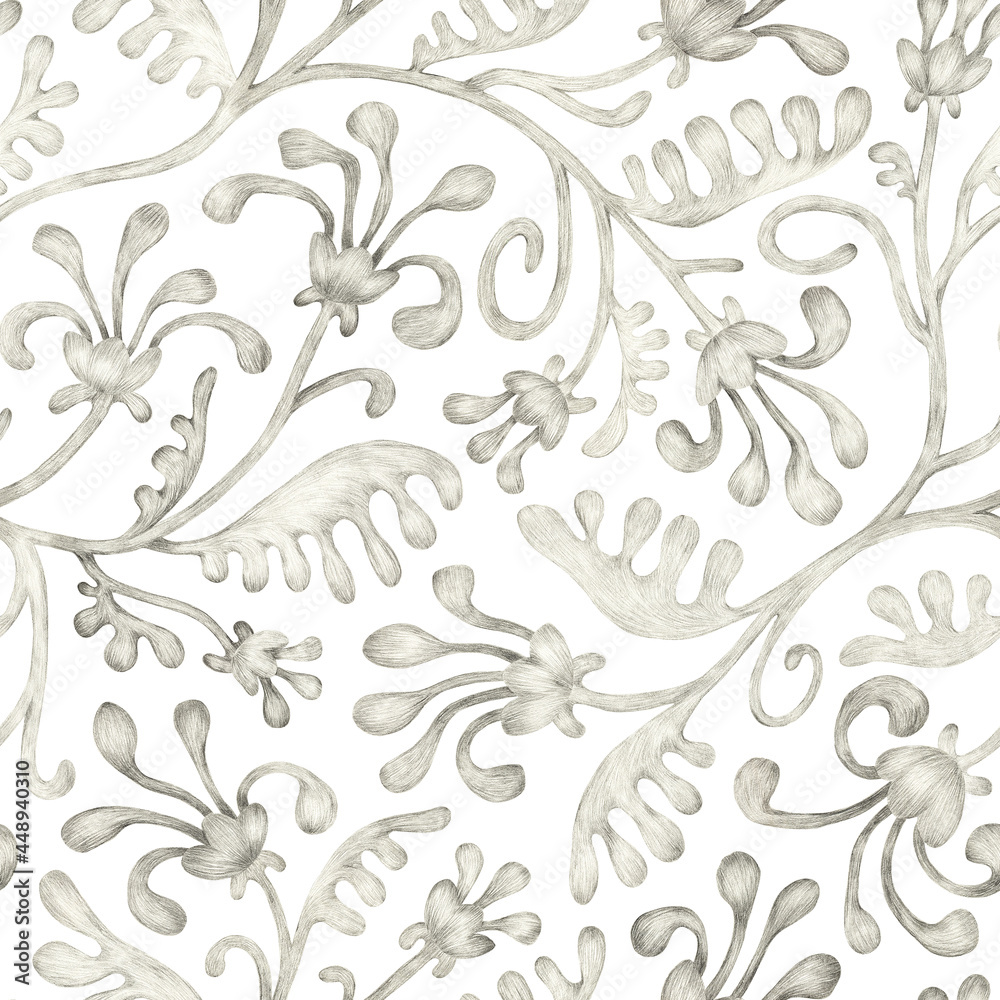 Fototapeta premium Seamless floral pattern. Vintage print for textiles. Drawing made with pencils on paper.
