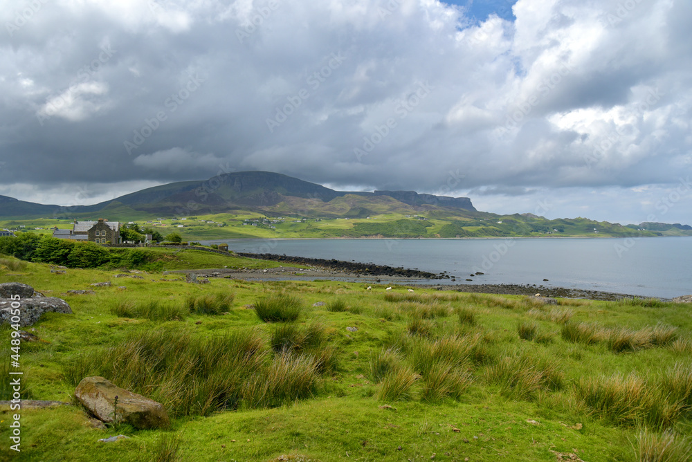 Quiraing range seen from Staffin Bay, Isle of Skye, Inner Hebrides, Scotland 