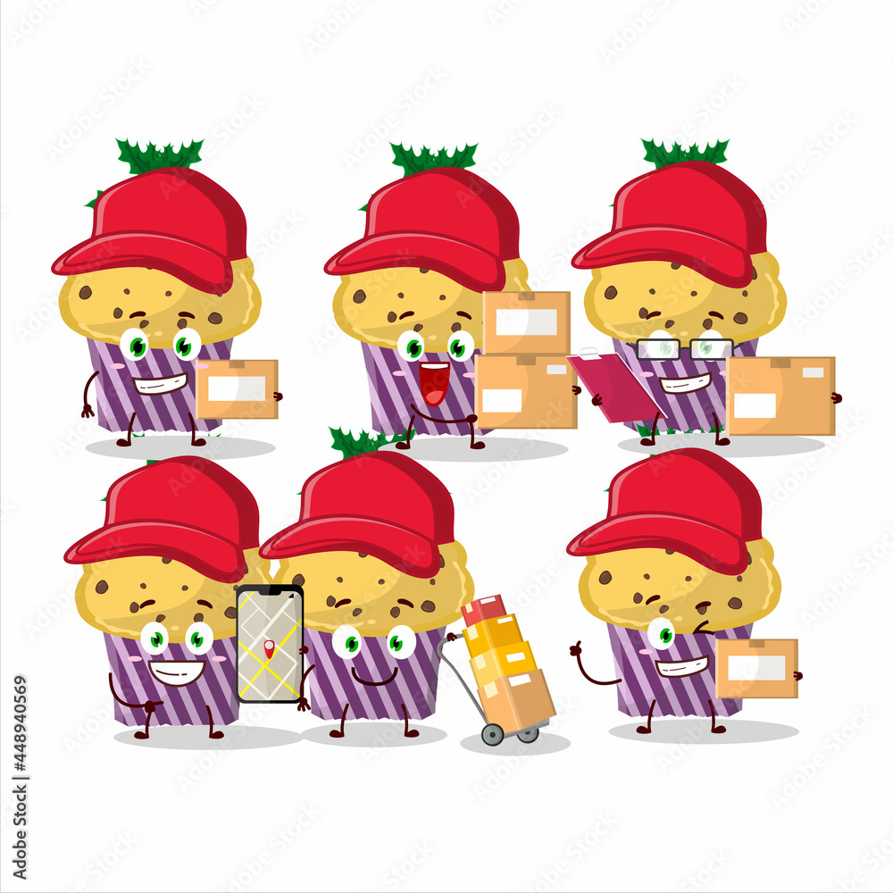 Cartoon character design of cupcake with holly berry working as a courier Cartoon character design of cupcake with holly berry working as a courier