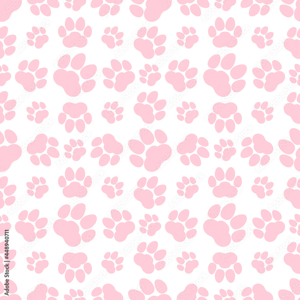 Pink paw print seamless repeating background pattern. Cat or dog footprints. Vector illustration. 
