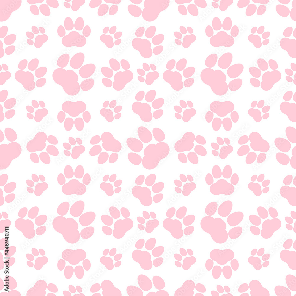 Pink paw print seamless repeating background pattern. Cat or dog footprints. Vector illustration. Pink paw print seamless repeating background pattern. Cat or dog footprints. Vector illustration.