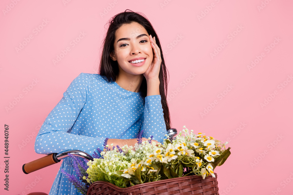 Photo of young attractive girl happy positive smile hand touch cheek basket flowers bicycle isolated over pastel color background