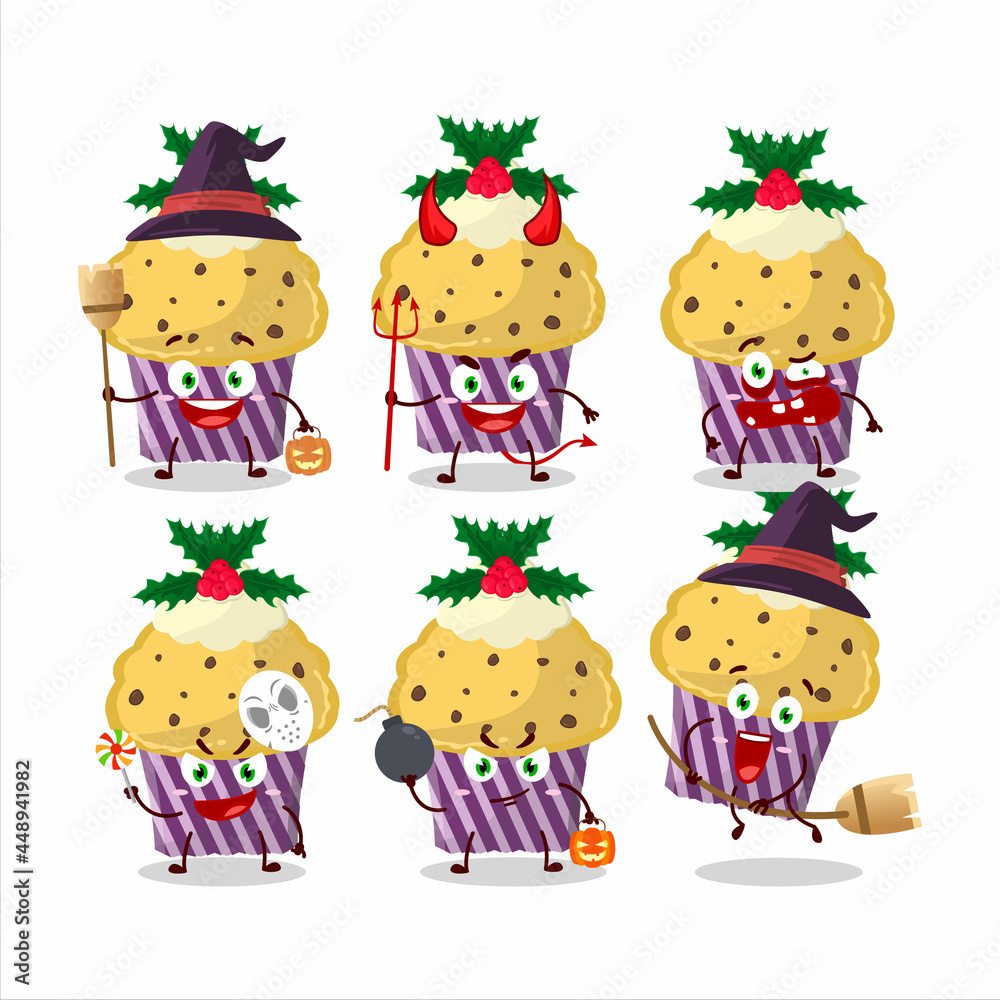 Halloween expression emoticons with cartoon character of cupcake with holly berry
