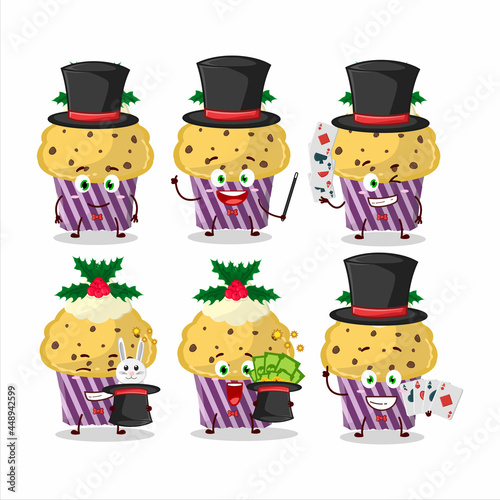 A cupcake with holly berry Magician cartoon character perform on a stage