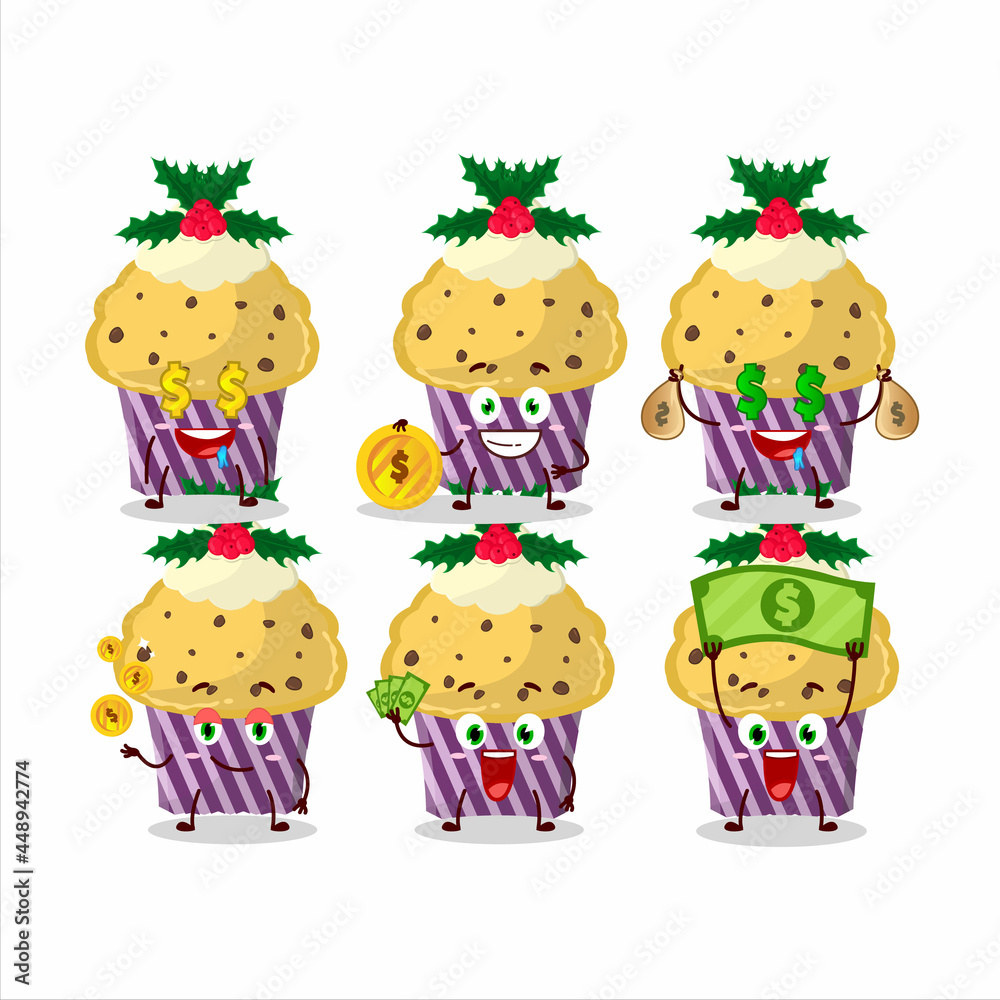 Cupcake with holly berry cartoon character with cute emoticon bring money