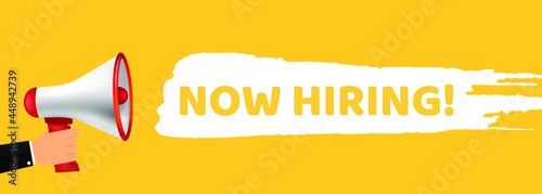 Now hiring text on brush stroke. Man holding megaphone on yellow background. Vector illustration.