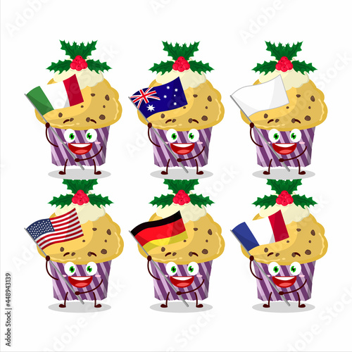 Cupcake with holly berry cartoon character bring the flags of various countries