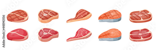 Set of cartoon meat products: beef steaks, raw meat and fish. Grilled steak, beef meats, filet mignon and fish. Vector illustration set. Fish and beef for barbecue, cartoon steak pork illustration