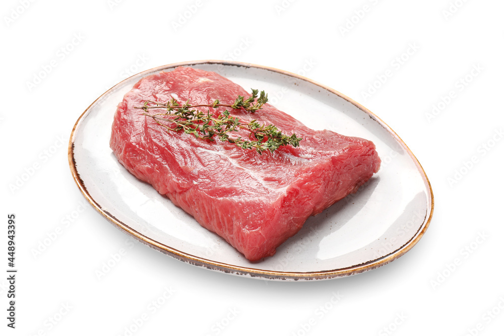 Plate with raw beef brisket on white background Plate with raw beef brisket on white background