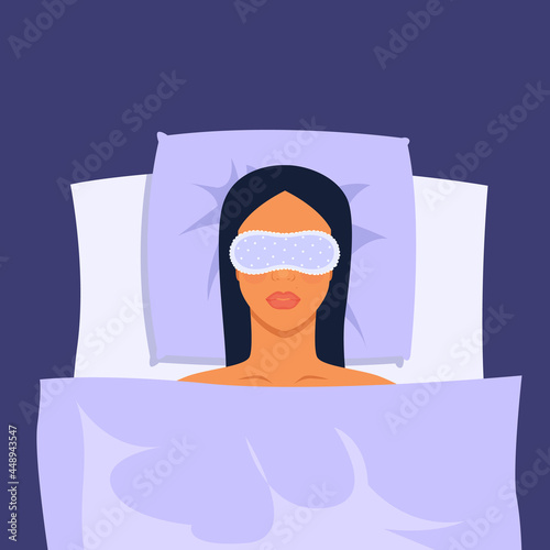 Woman in sleep mask sleeping in bed in flat hand drawn style. Vector stock illustration