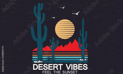 Desert vibes retro t shirt design. Cactus tree vector artwork. Arizona outing colorful hand sketch print for anything.