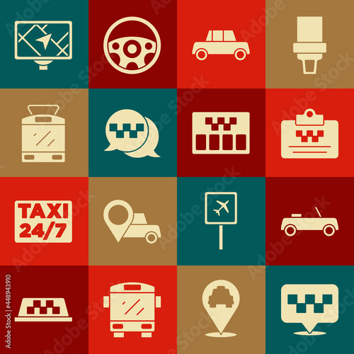 Set Location with taxi, Car, Taxi driver license, call telephone service, Tram and railway, Gps device map and Taximeter icon. Vector