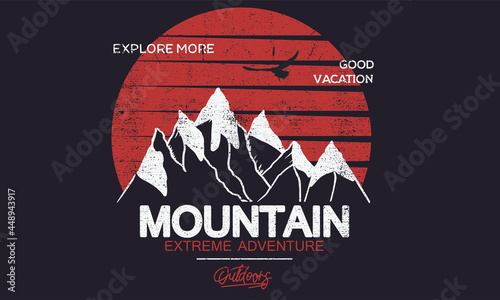 Mountain vintage graphic t shirt design.  wild sunset vector artwork.