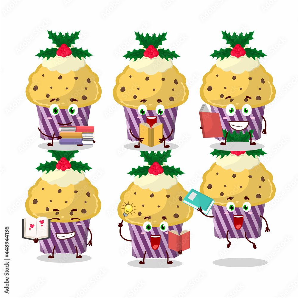 A picture of cupcake with holly berry cartoon character concept reading an amusing book A picture of cupcake with holly berry cartoon character concept reading an amusing book