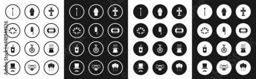 Set Attraction carousel, Firework rocket, Hand holding playing cards, Magic wand, Circus ticket, Ice cream, Magician hat rabbit ears and Paper glass with water icon. Vector