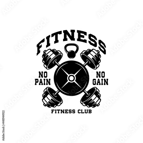 Fitness club. Emblem template with crossed barbells. Design element for logo, label, sign, poster, t shirt. Vector illustration