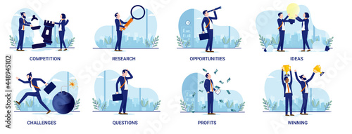 Business illustration collection - Set of businesspeople in different situations. Competition, research, challenges, winning and more. Flat design vector