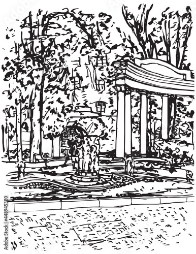 Aquarium Garden, a colonnade with a fountain in a small park in the center of Moscow, one of the first amusement gardens of the capital. Ink drawing, vector image. Moscow, Russia