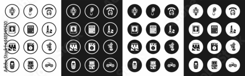 Set Telephone handset, Calculator, Photo, Wrist watch, Lipstick, Ear with earring, Camera roll cartridge and Short pants icon. Vector