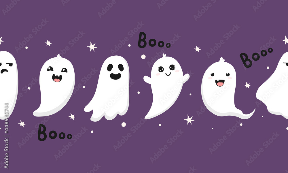Cute Halloween horizontal seamless pattern with ghost, stars, boo. Great for Halloween Cards, banner, textiles. Baby background Cute Halloween horizontal seamless pattern with ghost, stars, boo. Great for Halloween Cards, banner, textiles. Baby background