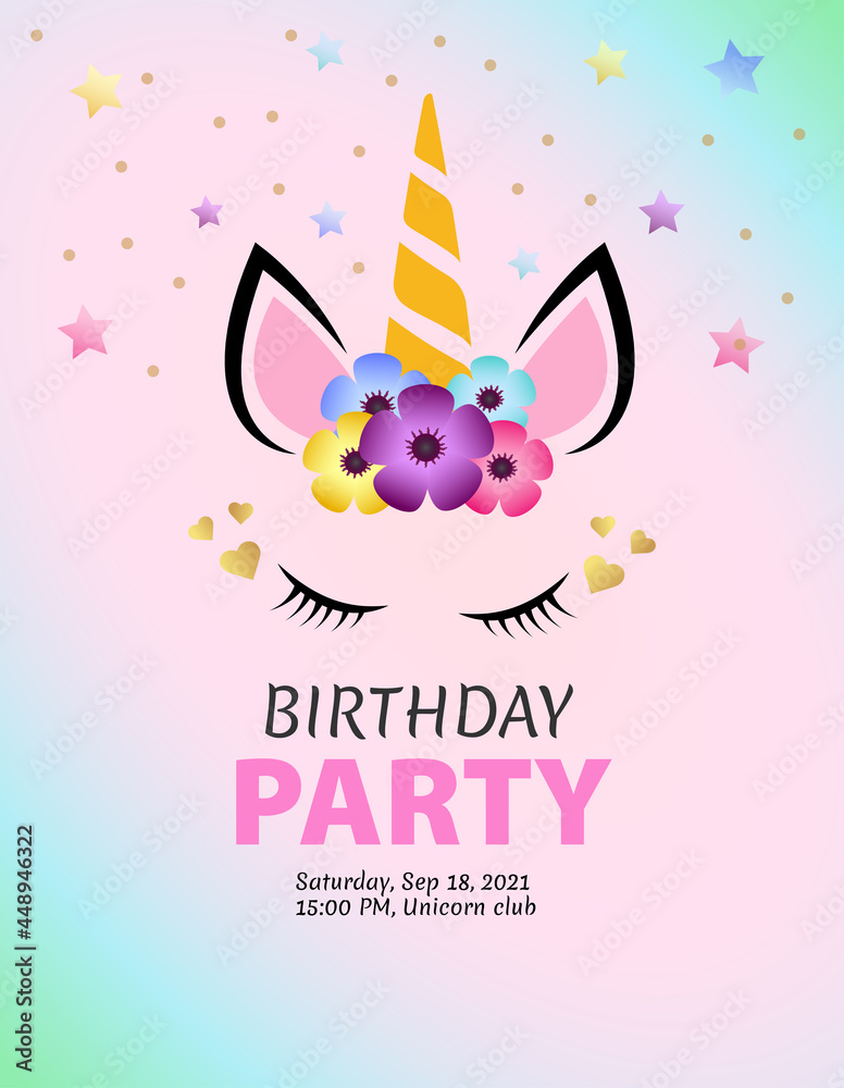 Fototapeta invitation card. Birthday card. Party invitation. Theme party. Unicorn party. Unicorn. Birthday. Invitation. Postcard. celebration. holiday. Vector. banner.
