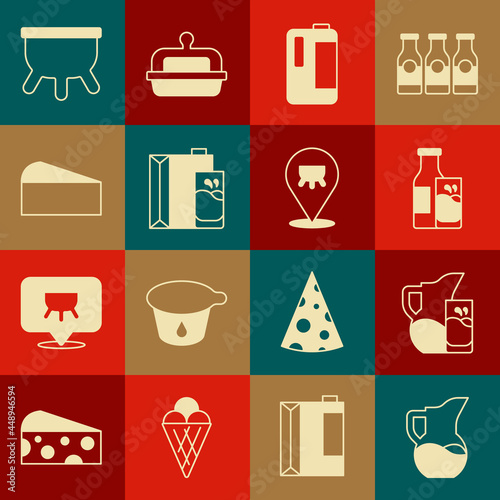 Set Milk jug or pitcher, and glass, Bottle milk, in plastic bottle, Paper package for, Cheese, Udder and icon. Vector