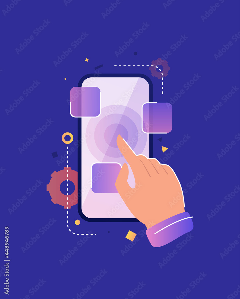 A hand touches smartphone screen, vector illustration. Mobile phone use: tap, hover, slide and swipe the symbol. Using a touch gesture of a digital device. - obrazy, fototapety, plakaty 