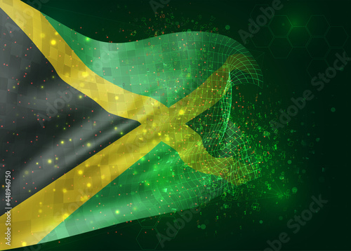Jamaica, on vector 3d flag on green background with polygons and data numbers