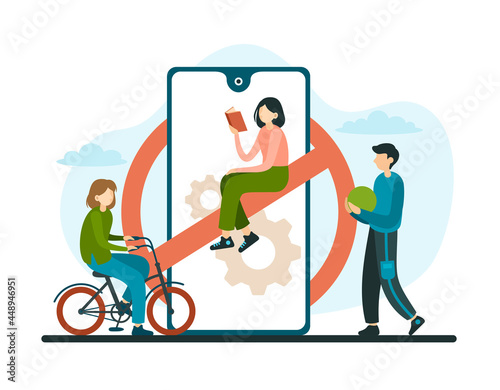 Outdoor games in nature without online devices. Red round sign with crossed out line on smartphone. Children ride bike and play. Digital addiction and low tech parenting. Vector online concept