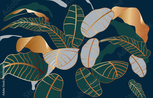 Luxury golden art deco wallpaper. Beautiful natural green, gold and blue leave with golden outline and veins. Philodendron plant, monstera plant. Abstract vector illustration for banners and posters