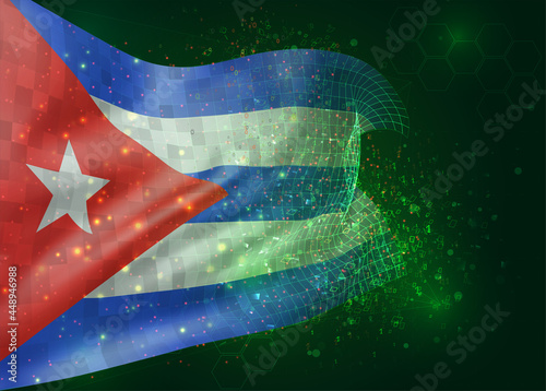 Cuba, on vector 3d flag on green background with polygons and data numbers