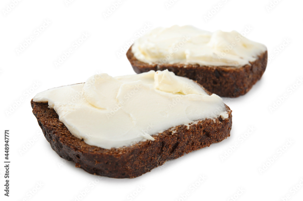 Bread with cream cheese on white background Bread with cream cheese on white background