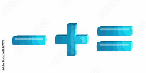 In mathematics, the symbols plus, minus and equal are used to solve examples and problems, notation in business. Vector illustration in cartoon style.