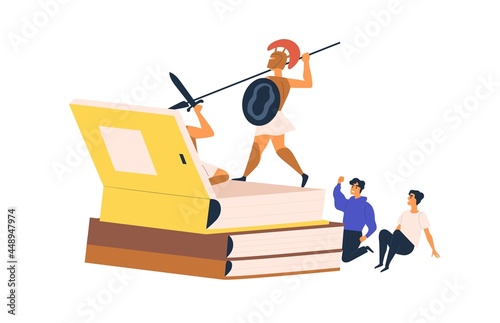 Happy excited teen readers with book of fascinating legends about knights. People and fiction literature. Reading hobby and imagination concept. Flat vector illustration isolated on white background
