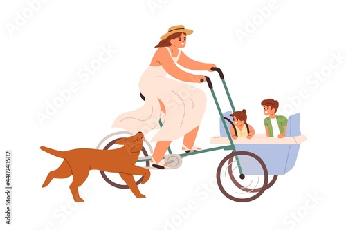 Happy mother riding cargo bicycle with children in carriage. Mom cycling bunch bike with kids while dog running nearby. Flat vector illustration of parent cyclist and pet isolated on white background photo