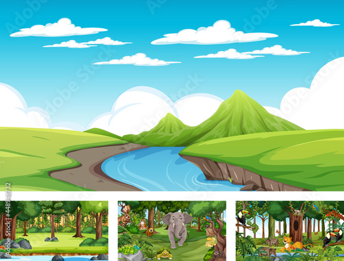 Set of different nature horizontal scene with various wild animals