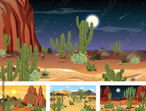 Different desert forest scenes with animals and plants