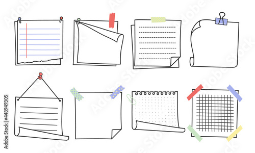 Doodle hand drawn memo notes and reminders vector illustration set. Simple drawing doodle style sketches of square paper sheets with curved corners cute diary design with clip, pins and duct tape.