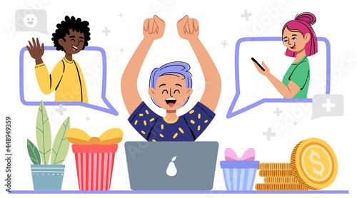 Refer a friend vector illustration. Young man invites his friends to a referral program, marketing concept. Business partnership strategy with group of people. Referral system, group of customers.